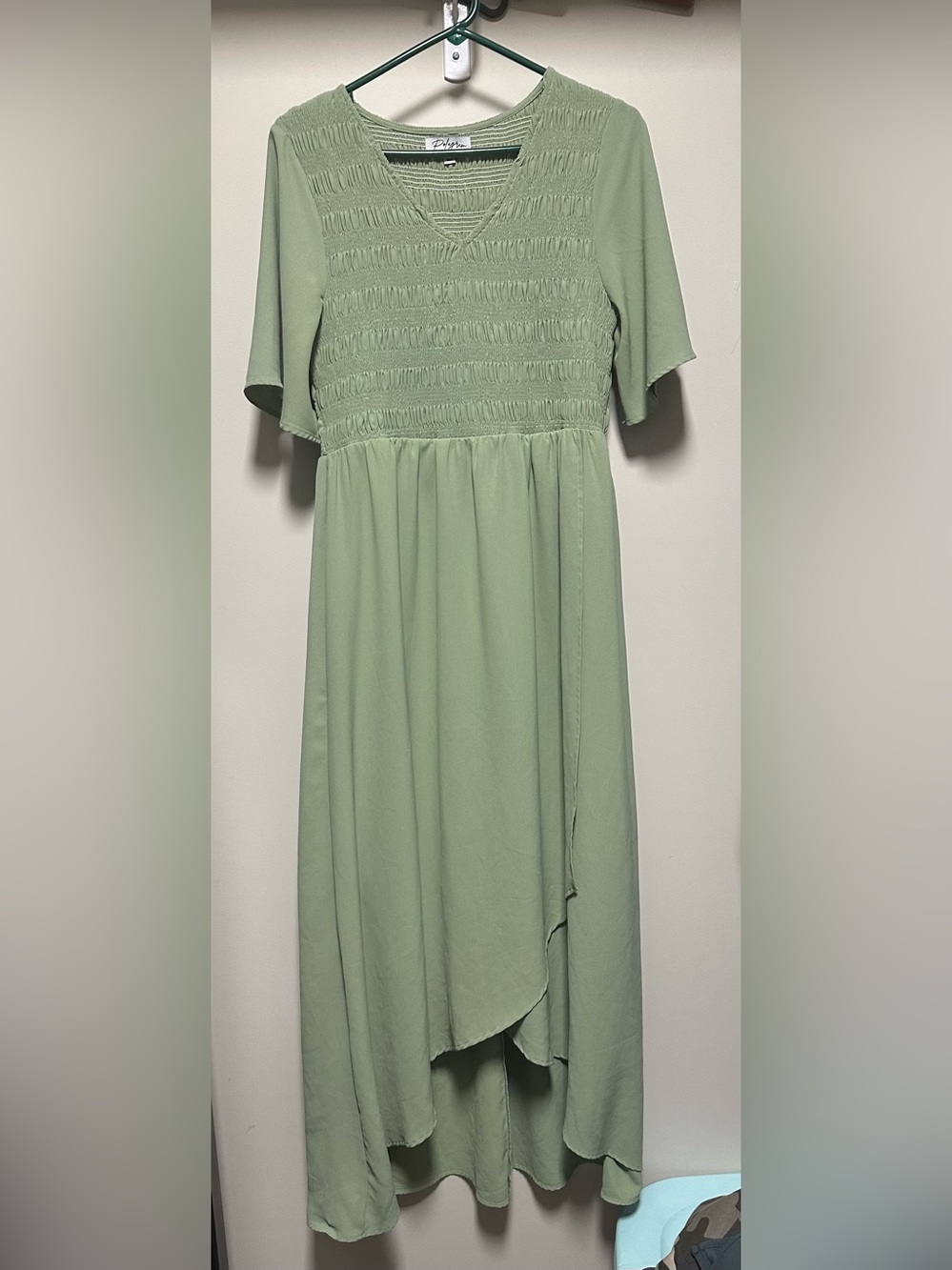 Polagram sage green smocked high-low maxi dress